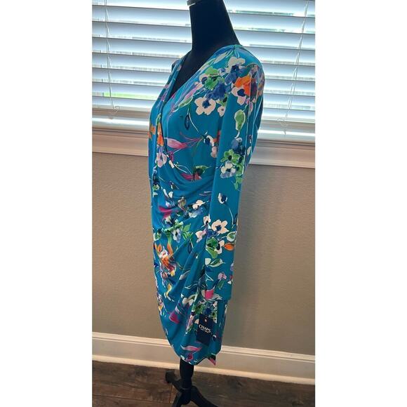 NWT Chaps cerulean blue multi color floral wrap midi dress. Poly, spandex. Sz 12 - Picture 2 of 11